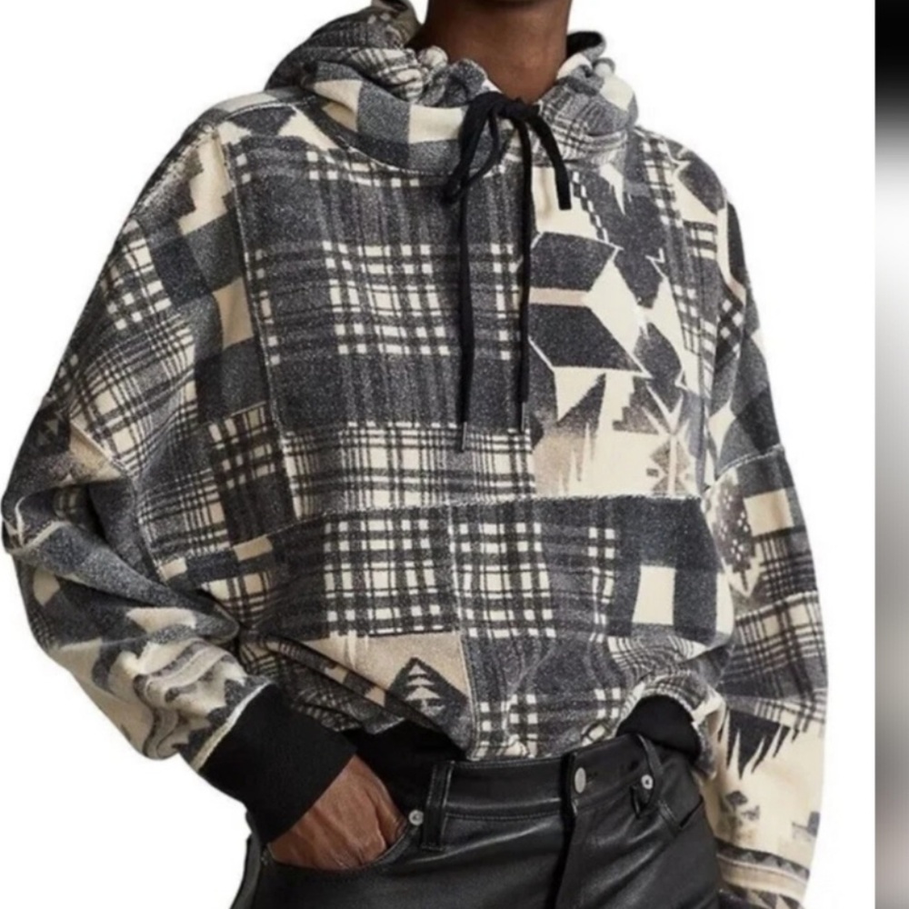 Polo Ralph Lauren Southwestern Aztec Print Hoodie Sweatshirt Tan Black Cropped